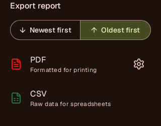 The app's export sheet offering PDF, formatted for printing, or CSV, raw data for spreadsheets