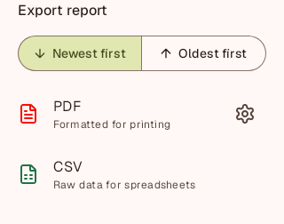 The app's export sheet offering PDF, formatted for printing, or CSV, raw data for spreadsheets