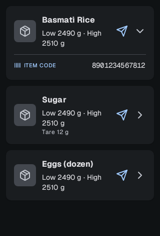 The operator app's item list, with an expanded card showing the item code