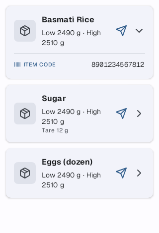 The operator app's item list, with an expanded card showing the item code