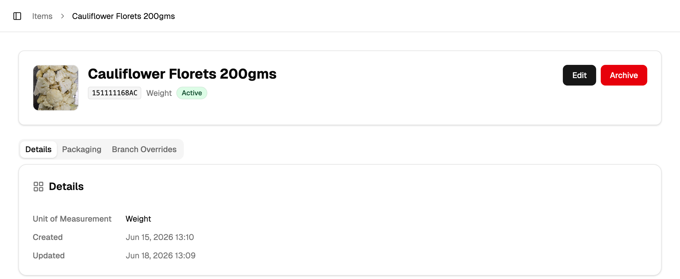 An item's detail view in the web console, with its code and per-capability tabs