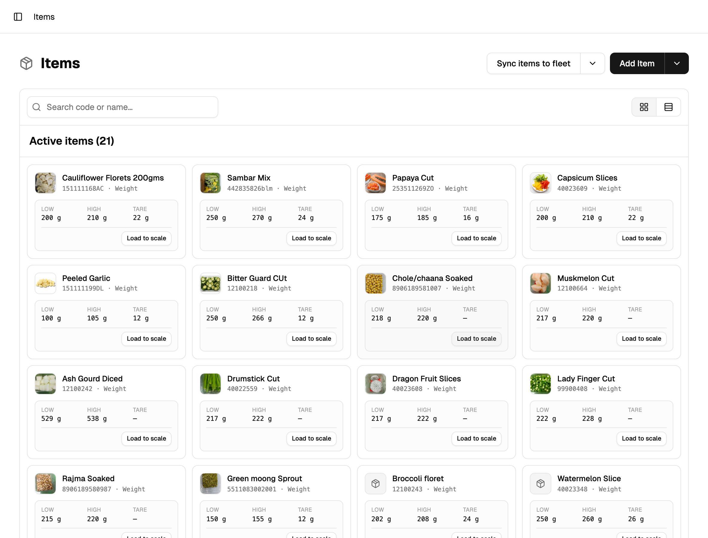 The web console's item catalogue: a grid of items with photos, low and high limits, and tare